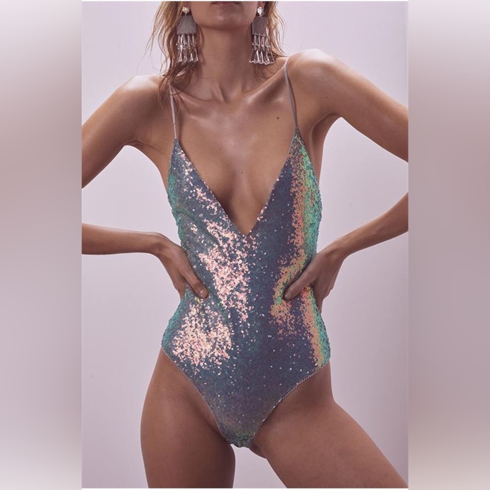 NWT For Love and Lemons Skivvies Glimmer Sequin Bodysuit Purple Iridescent